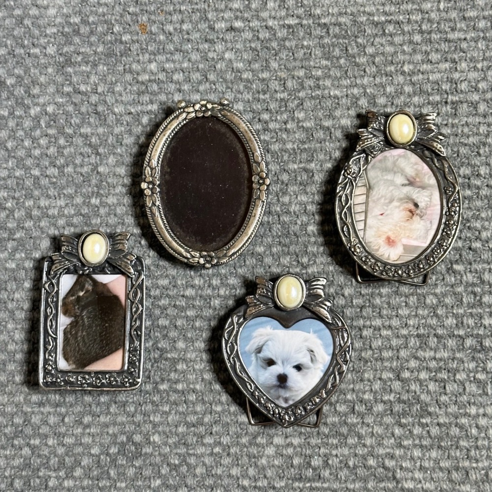 VTG Victorian Mini picture Frames Set 4 Silver Tone Faux Pearl Heart Oval